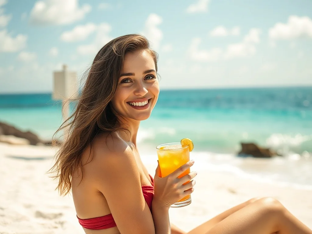 Uśmiechnięta kobieta z koktajlem na tropikalnej plaży, zachęcająca do wyjazdu na słoneczne wakacje w styczniu.