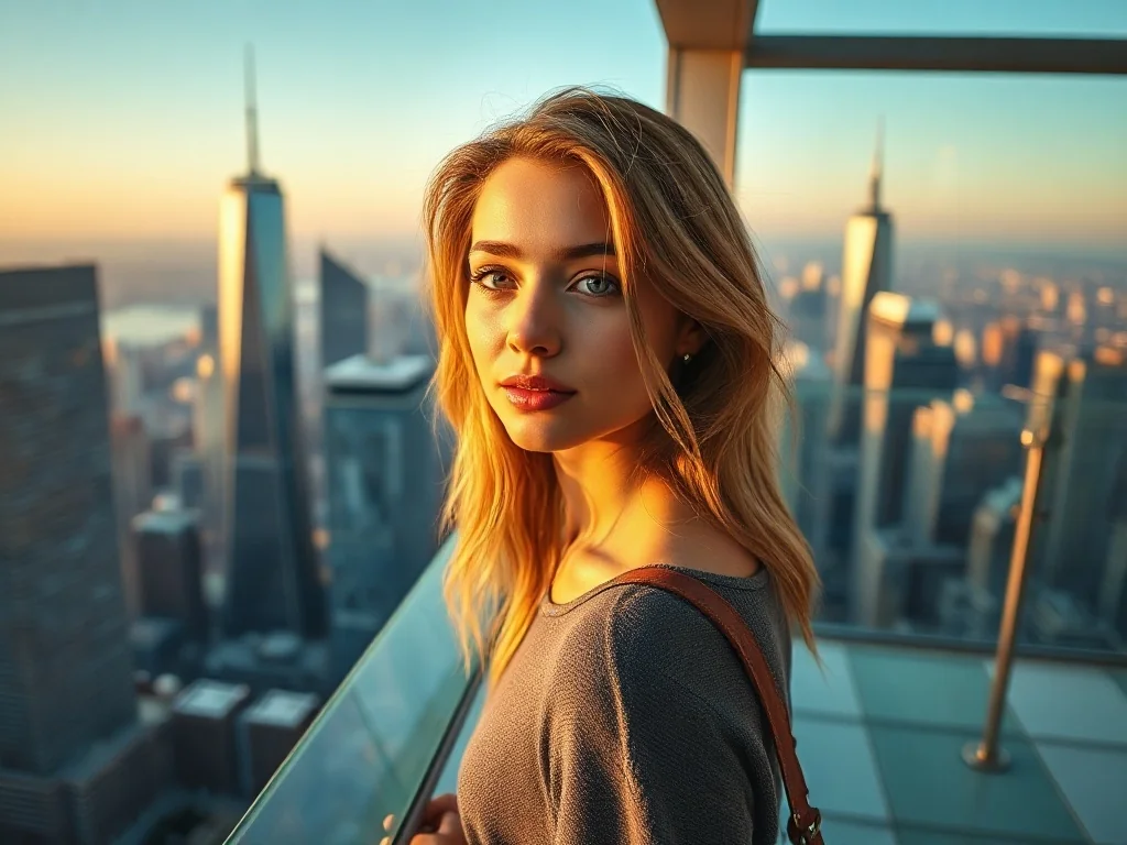 Kobieta podziwiająca panoramę Warszawy z tarasu widokowego Varso Tower w świetle zachodzącego słońca.