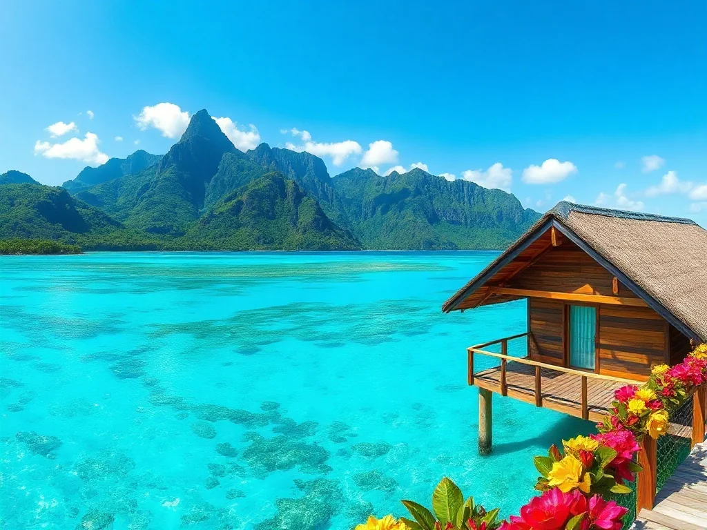 Turkusowa laguna Tahiti z domkiem na palach na pierwszym planie oraz bujnymi, wulkanicznymi szczytami w tle.