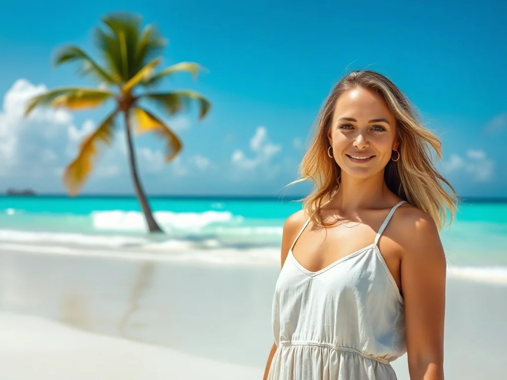 Kobieta w letniej sukience na słonecznej, tropikalnej plaży z turkusową wodą i palmami w tle.