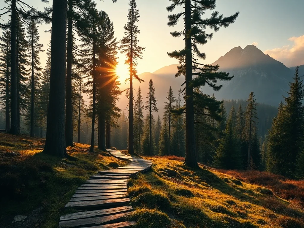 Jesienny las z drewnianą ścieżką na tle zamglonych gór, ukazujący piękno polskiej przyrody w jednym z parków narodowych.