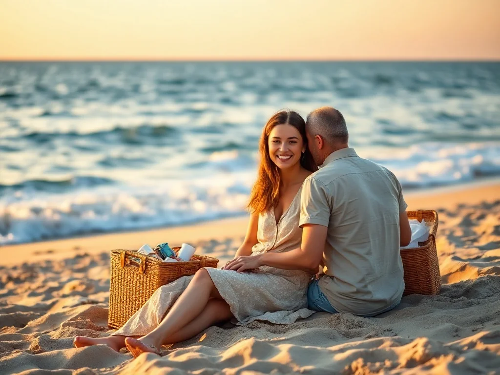 Szczęśliwa para na romantycznym pikniku na plaży podczas zachodu słońca, ciesząca się wypoczynkiem nad morzem.
