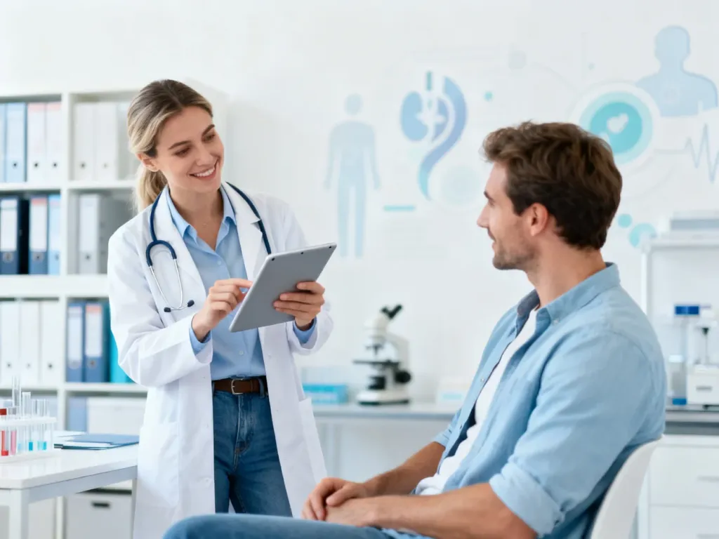 Lekarka omawia z pacjentem wyniki badań na tablecie w nowoczesnym gabinecie, podkreślając zalety prywatnej diagnostyki.